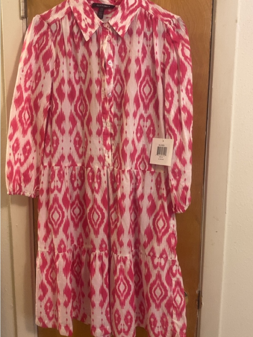 Pink Ikat Print Tiered Shirt Dress